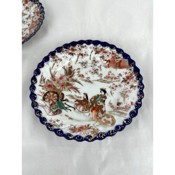 Japanese Antique China Four 7 in. Plates Cobalt Gold  Trim Geisha 1970's - Picture 8 of 16